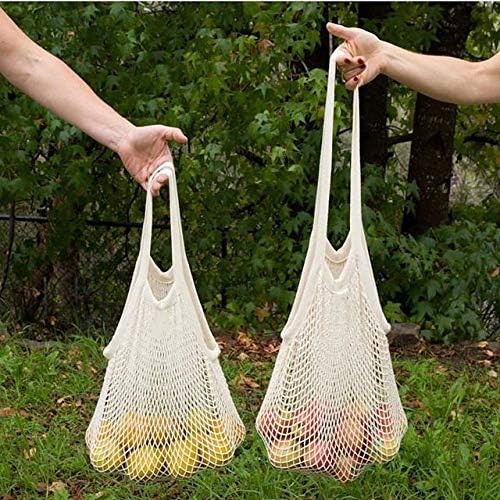 2 Pack Different Size Net Shopping Bag Cotton Market String Reusable Net Shopping Tote with Long Handles Washable Mesh Fruit Vegetable Pack of 2