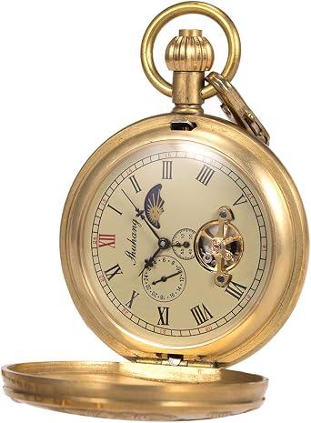 Orologio da tasca - Caso di rame puro ManChDa Vintage Engraved Steampunk  vapore treno ferrovia luna-sole 24\u002612-Ora Ora : Amazon.it: Orologi