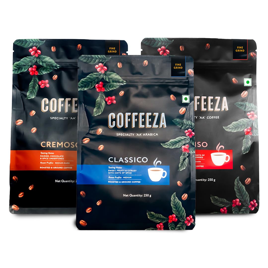 Variety Pack Of Intenso, Classico & Cremoso Ground Coffee Bag|Fine Grind (Espresso & Moka Pots)|Speciality Grade Ground Coffee Pack Of 3X 250Gm