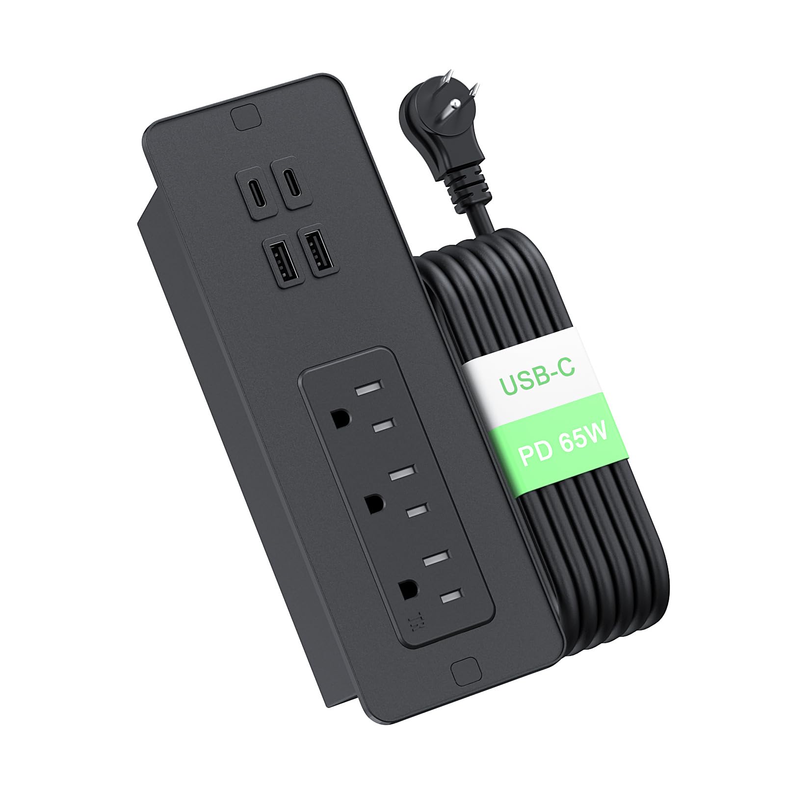 Recessed Power Strip with PD 65W USB C, Flush Mount Power Strip with 3 Outlets 4 USB Ports, Furniture Drawer Outlet with 2M Flat Plug Cable for Side Table Sofa Table, Black
