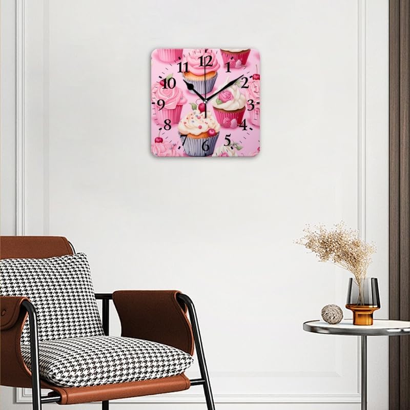 Battery Operated Wall Clocks Seamless Pattern of Cupcakes with Pink Frosting and White Sprinkles Silent Non-Ticking Decor Clock with Photo for Bathroom,Office(12inch)