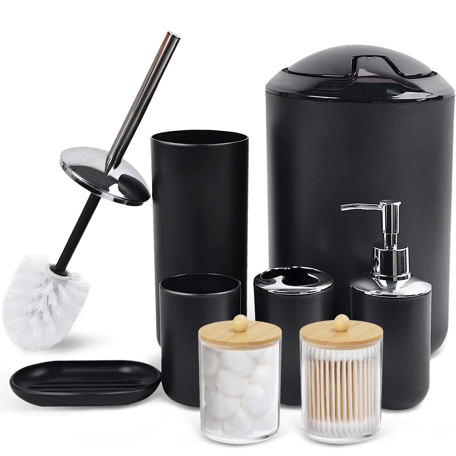 CERBIOR Bathroom Accessories Set 8 Pcs Bath Ensemble Includes Soap Dispenser, Toothbrush Holder, Toothbrush Cup, Soap Dish, Qtip Holder Dispenser for Housewarming Gift (8-Black)