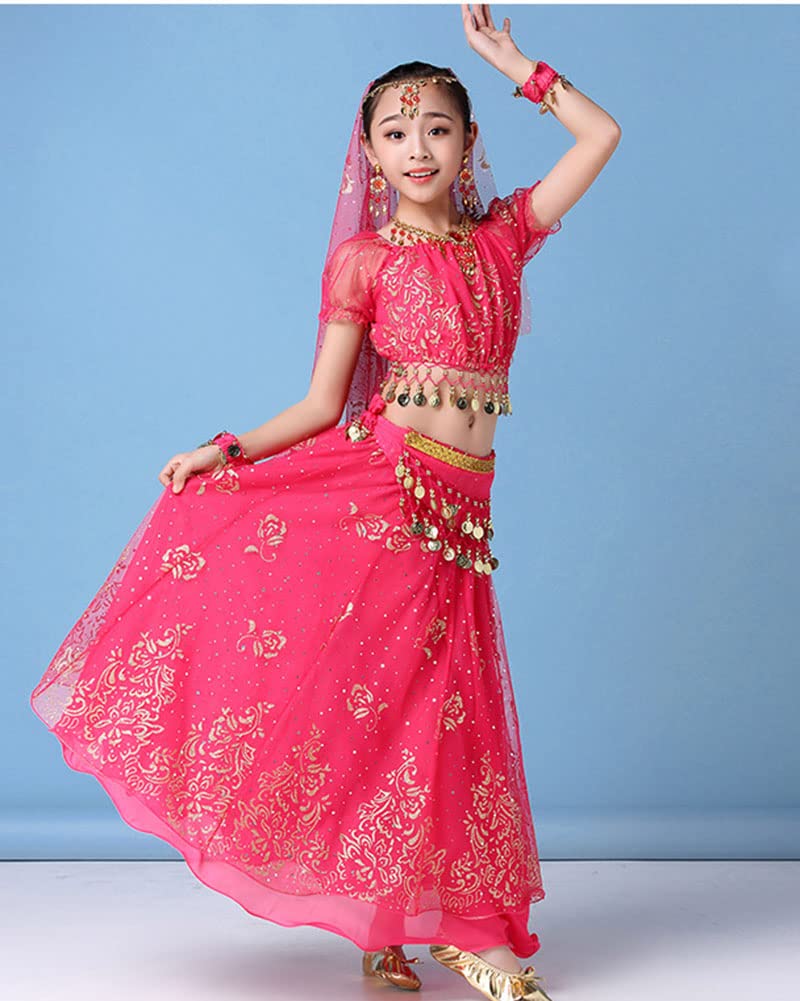 GUOCU Mädchen Tanzfestival Bauchtanz-Kostüm Outfit Indischer Tanz Kostüm Tanzkleidung 8-teiliges Set Chiffon-Prinzessin-Outfit Trainingskleidung Karneval Tanzen Outfit Dancewear