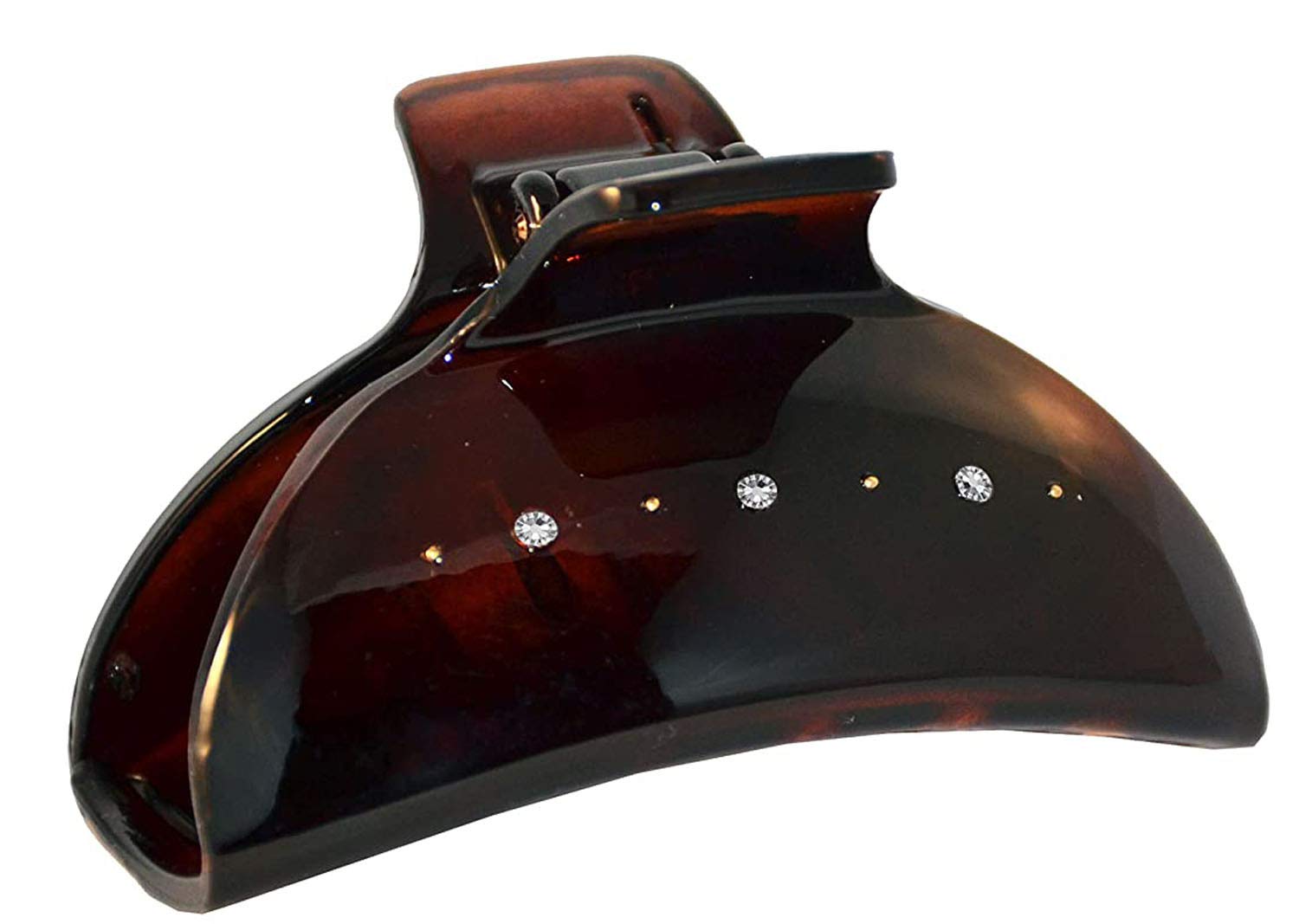 Parcelona French Fat Captain Tortoise Shell with Crystals Large Celluloid Flat Teeth Claw Clips Covered Spring No Slip Grip Jaw Hair Claw Clips for Women and Girls with Long Hair, Made in France