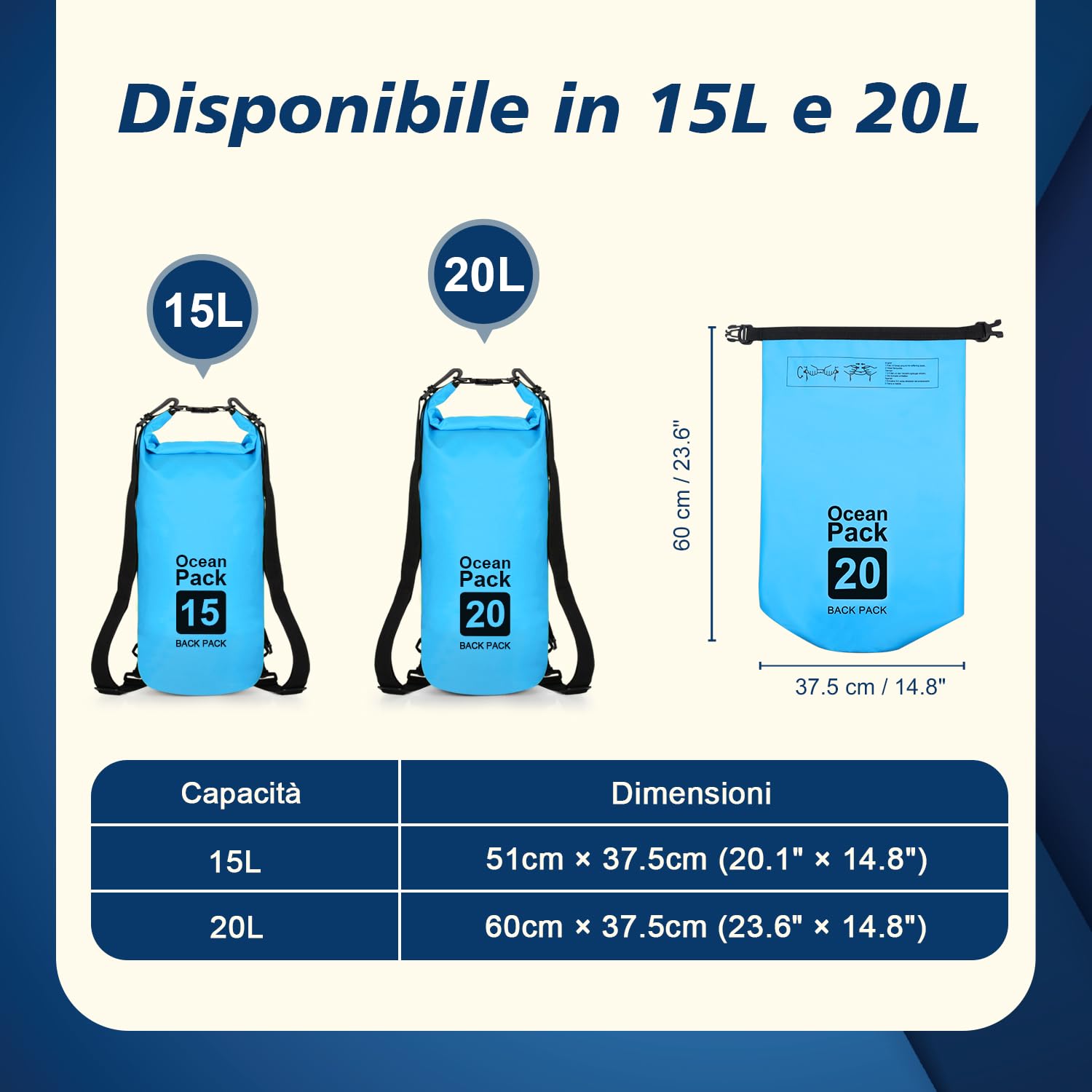 supregear Dry Bag, 20L Borsa Impermeabile, Resistente All'acqua, Zaino Versatile con Doppia Tracolla per Barche, Escursioni, Kayak, Pesca, Campeggio e Altre Avventure All'aperto, Blu