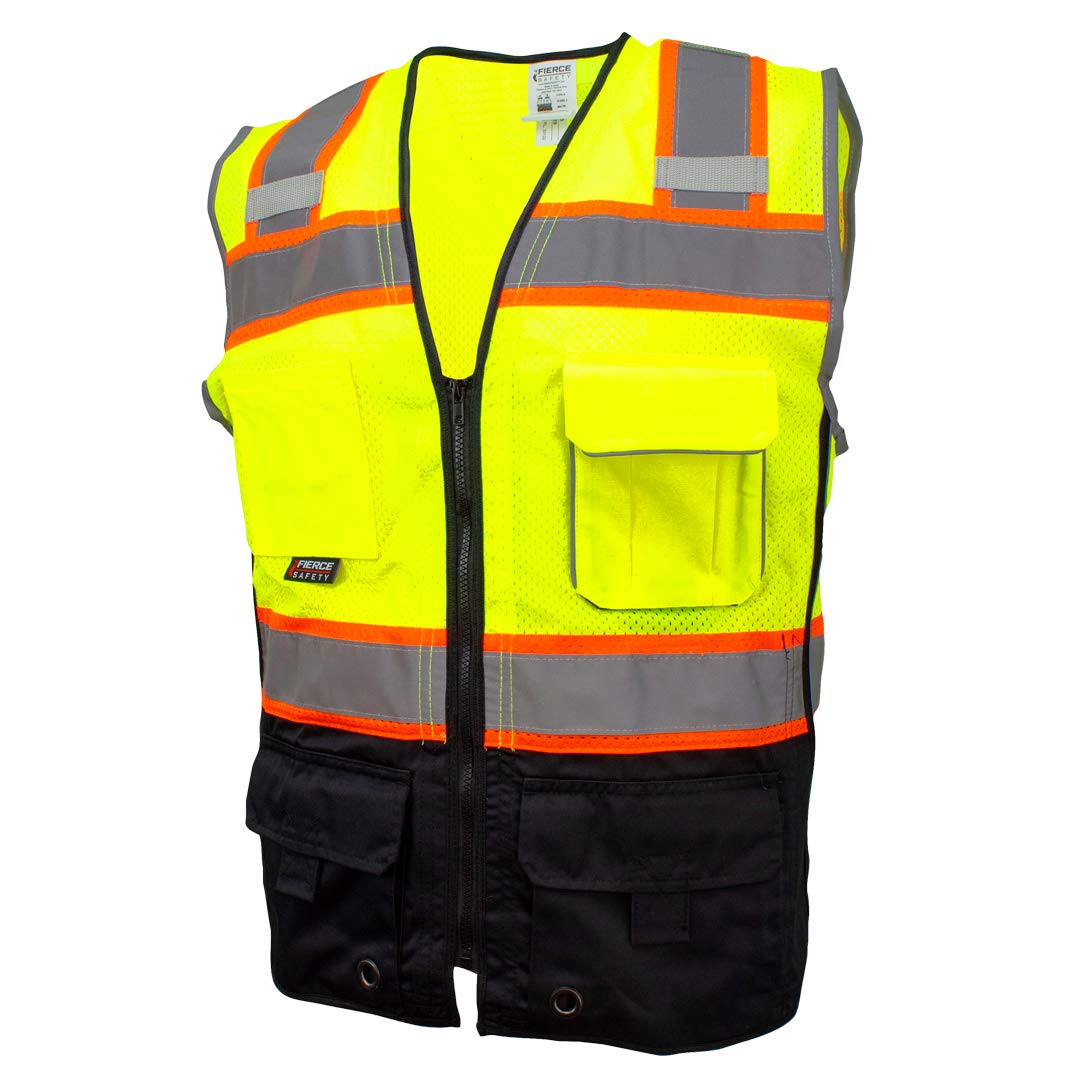 Fierce Safety SU400G Superior Surveyors Class 2 Meshed Two Tone Black Bottom Vest and Tablet Pockets | 100% Polyester Optimal Breathability | Meets ANSI/ISEA 107-2015 Standards