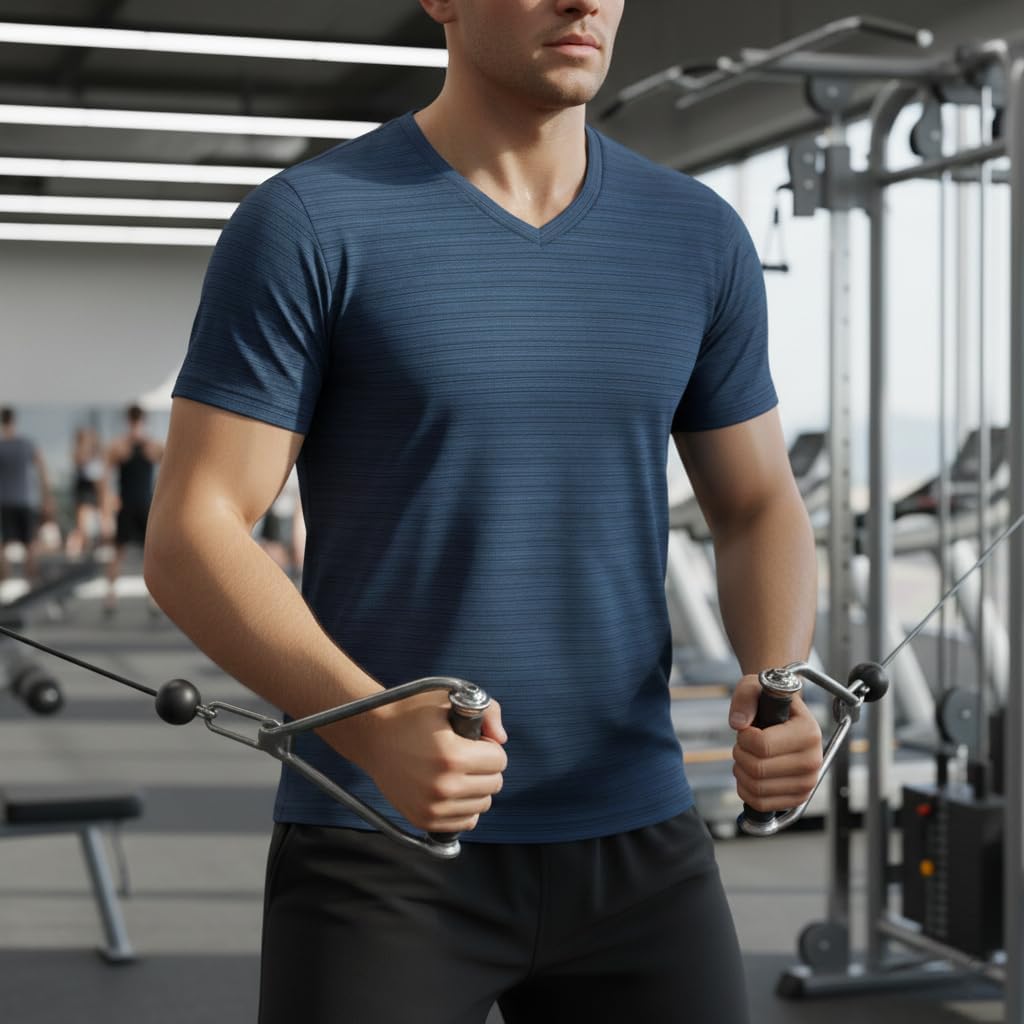 Men's Athletic T-Shirt, Striped V-Neck Pullover, Moisture Wicking, Lightweight Workout Gym tees