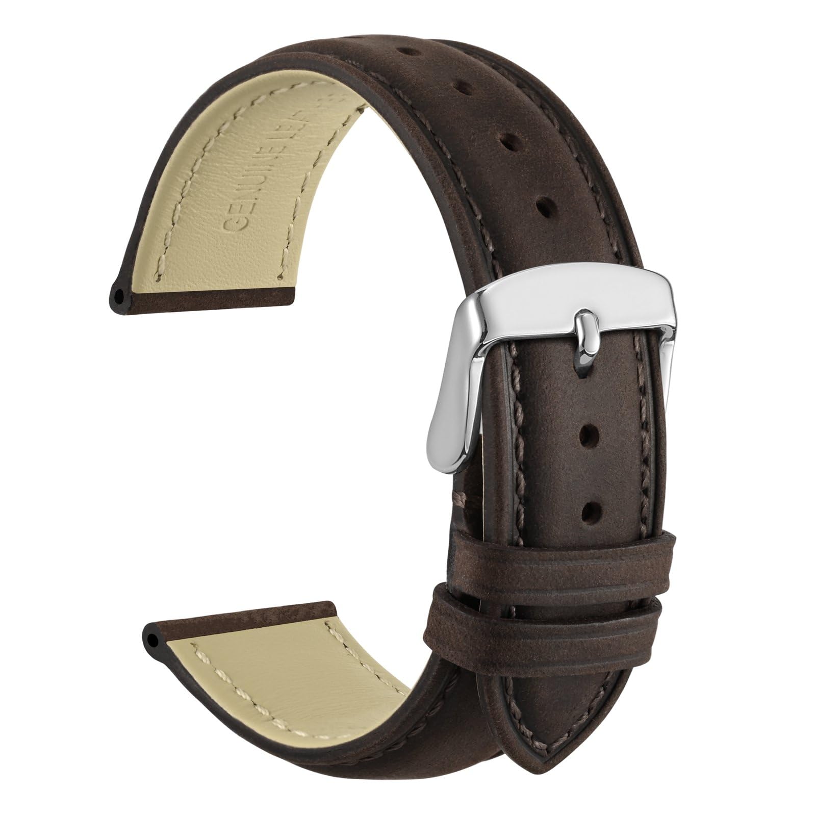 WOCCI 20mm Vintage Leather Watch Band for Men and Women, Silver Buckle (Dark Chocolate)