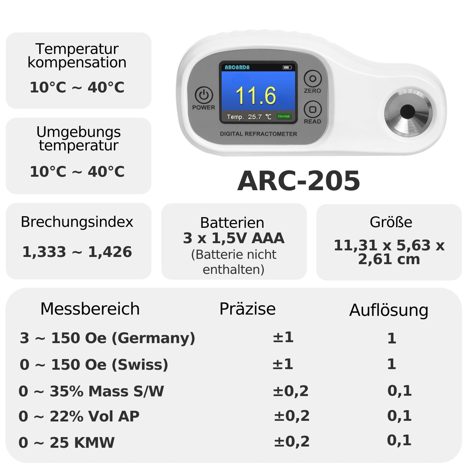 Digitales Refraktometer Wein Refraktometer Oechsle Refraktometer für Bierbrauen Alkohol ATC Oe (Deutschland) 3–150, Oe (Schweiz) 0–150, Mass S/W 0–35%, Potentieller Alkohol 0–22% Vol, KMW 0–25