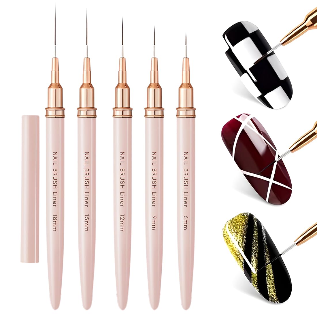 WeddHuis Pennelli per nail art, 5 pennelli per nail art, set di pennelli per disegnare e punteggiare le unghie, per linee lunghe, dettagli sottili, dimensioni 6/9/12/15/18 mm,rosa