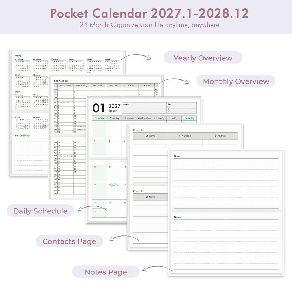 Taschenkalender 2026–2027 für Geldbörse, kleiner Taschenplaner 2026–2027 für Geldbörse, 8,9 x 16,5 cm, 24-Monats-Organizer von Januar 2026 bis Dezember 2027, Mini-Planer mit PVC-Einband zum