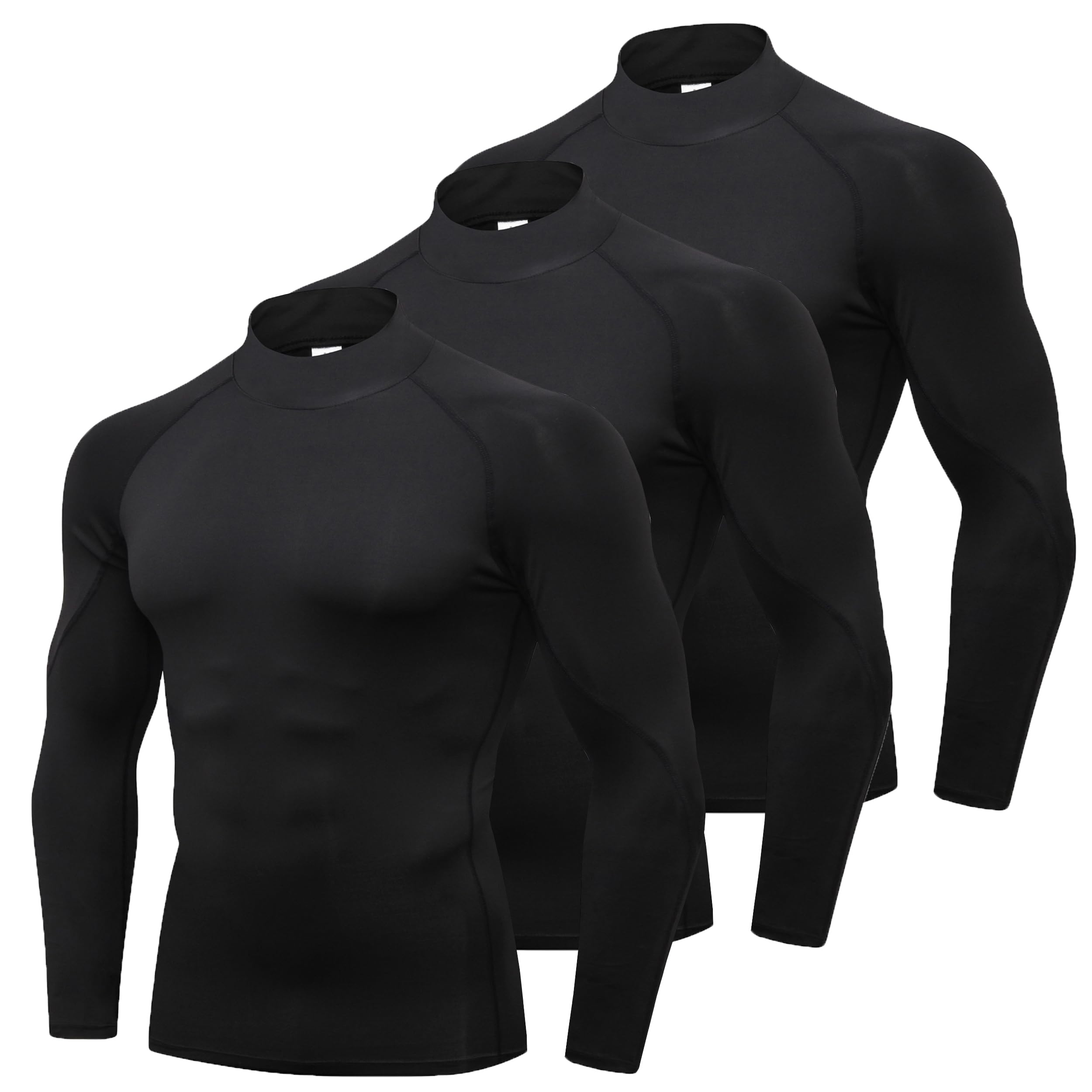 LNFINTDO3 Pack Compression Tops for Men Long Sleeve Mens Running Top Quick Dry Turtleneck Base Layer Top for Gym Sports Fitness Workout Cycling Football Training T-shirts