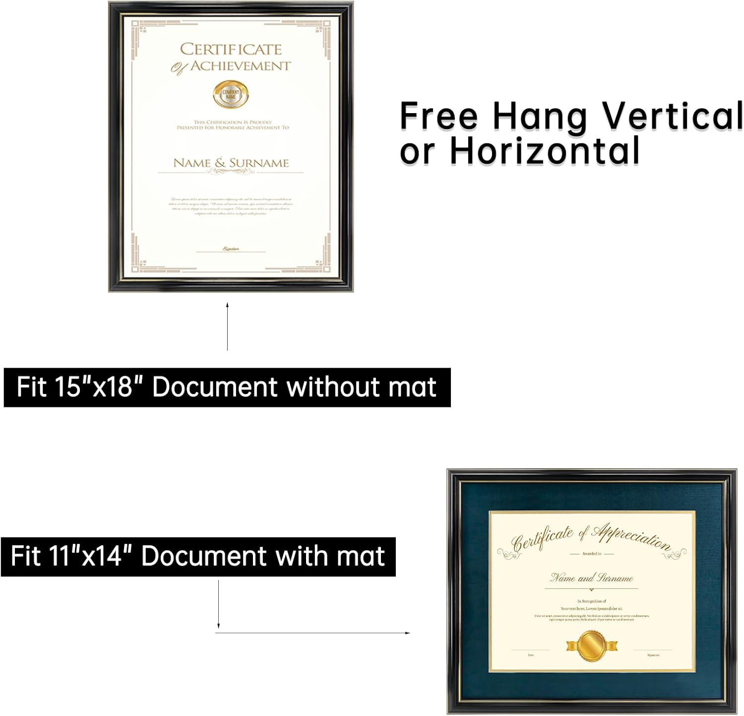 15x18 Black Gold Color Document Frame for 11x14 Diploma/Certificate/Picture, Includes Double Mat and UV Protection Acrylic (Navy Over Gold Double Mat, 1-Pack) Black/Navy Gold Mat 15*18 or 11*14 with mat