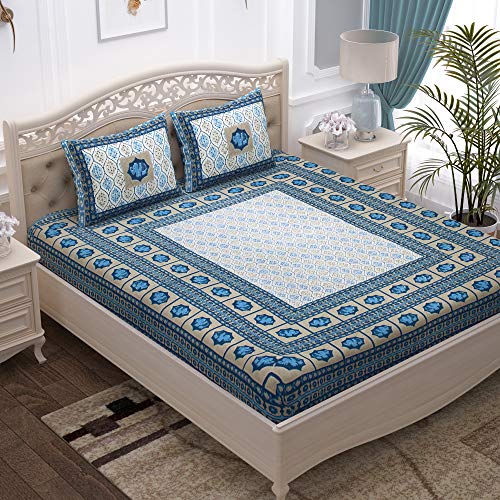 Image of Story@Home 100% Cotton Bedsheet for Double Bed with 2 Pillow Covers|90x108 Inch Ethnic Grey and Blue