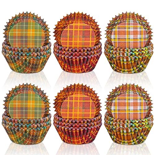 Whaline 600Pcs Fall Thanksgiving Cupcake Liners Plaid Baking Cups Autumn Muffin Baking Liners for Birthday Party Fall Themed Party Supply Decor