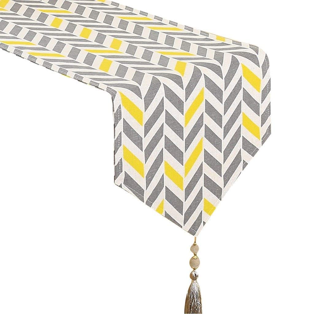 Geometric Table Runners Gray and Yellow, Cotton Burlap Table Runner for Family Dinners, Gatherings, Parties (Color : Gray and Yellow, Size : 30×200cm)