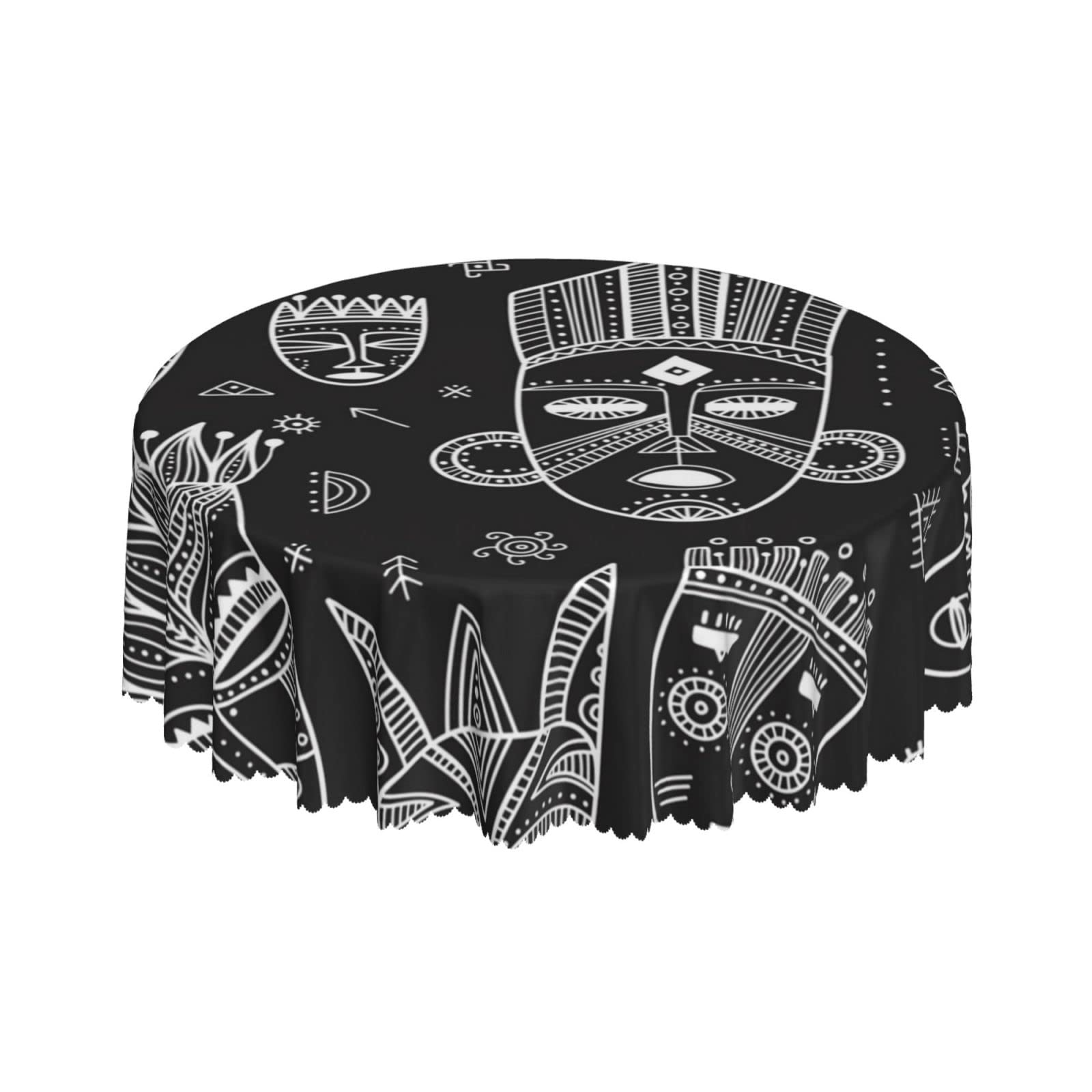 Lsjuee African Tribal Masks Black Round Tablecloth 60 Inch Printed Washable Tablecloth for Dining Party Holiday Fall Home Decorative
