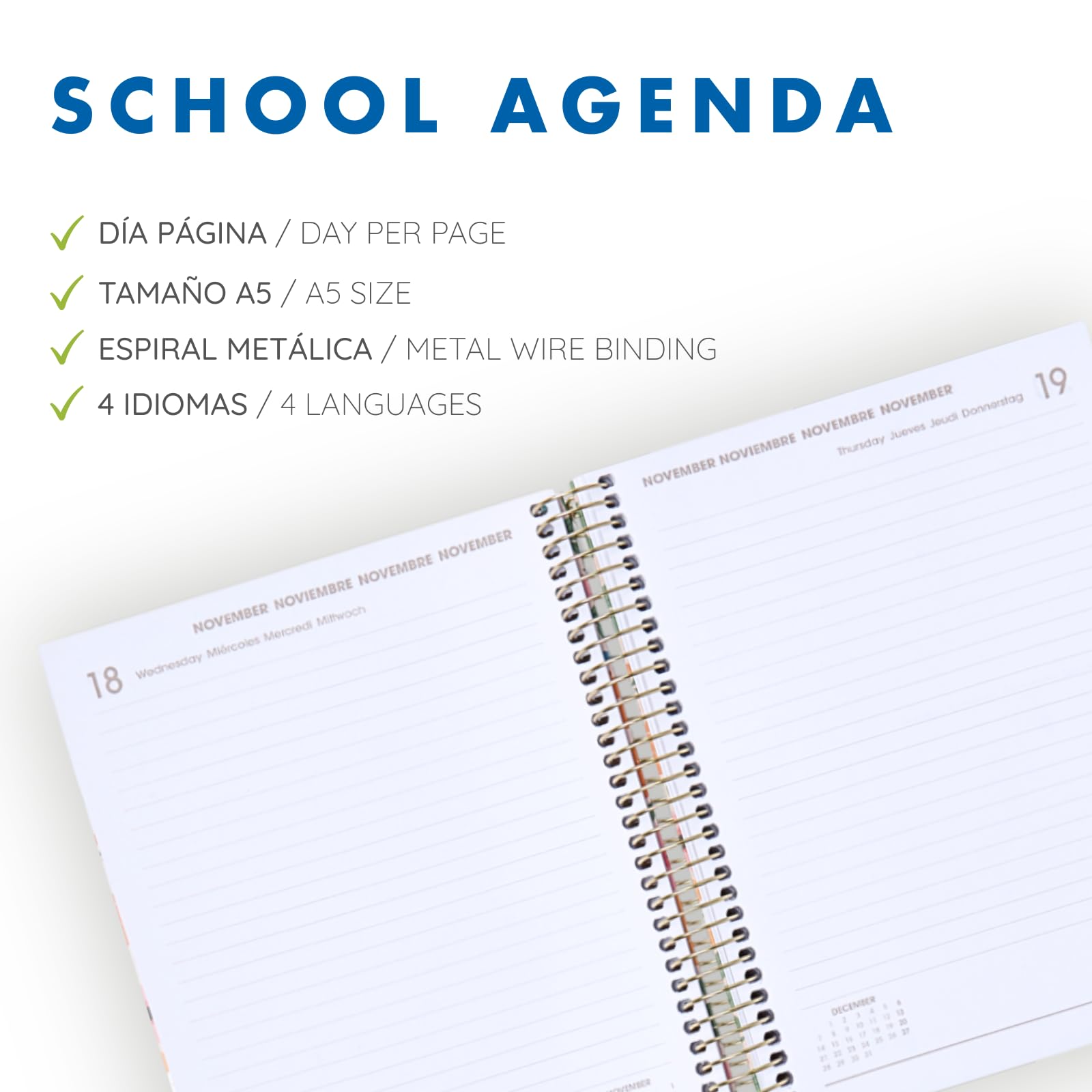 Q Kalon - Agenda Escolar 2026 2027 - Septiembre a Junio, Día Página, A5 (15x21 cm), 4 Idiomas: ESP, ING, FRA y ALE, Cierre de Espiral, Tapa Dura - Alba
