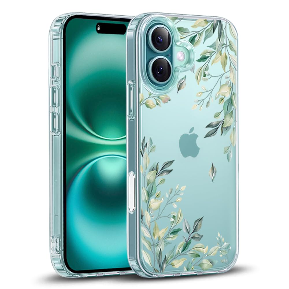 KEXAAR Compatible with iPhone 16 Case Cute Floral Case for Women Girls, Clear Hard Back Green Tree Leaves Summer Flowers Design Slim Shockproof Drop Protection Anti-Scratch Cover 6.1" 2024 (Leaves16)