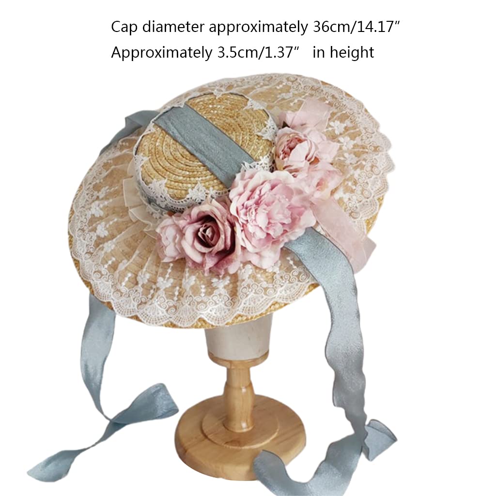 Morain Cappello piatto con volant in pizzo elegante cappello di paglia con cinturino per il tè party anime accessori per capelli vintage cappelli da spiaggia cappelli da sole a tesa larga