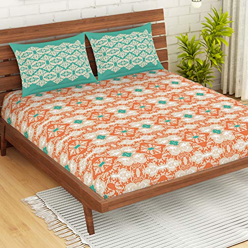 Image of Spaces Atrium Plus 210 TC 100% Cotton King Size Fitted Double Bedsheet with 2 Pillow Covers (Ornate, 72 inch X 78 inch Inches ) - Peach