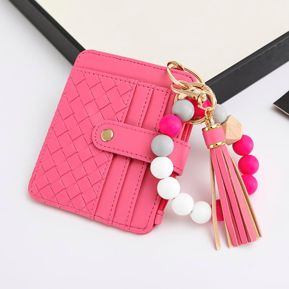 Wristlet Bracelet Keychain Credit Card Holder Purse,RFID Blocking Zip Slim Wallet,Silicone Bead Tassel Key Ring for Women (Rose) - Image 5