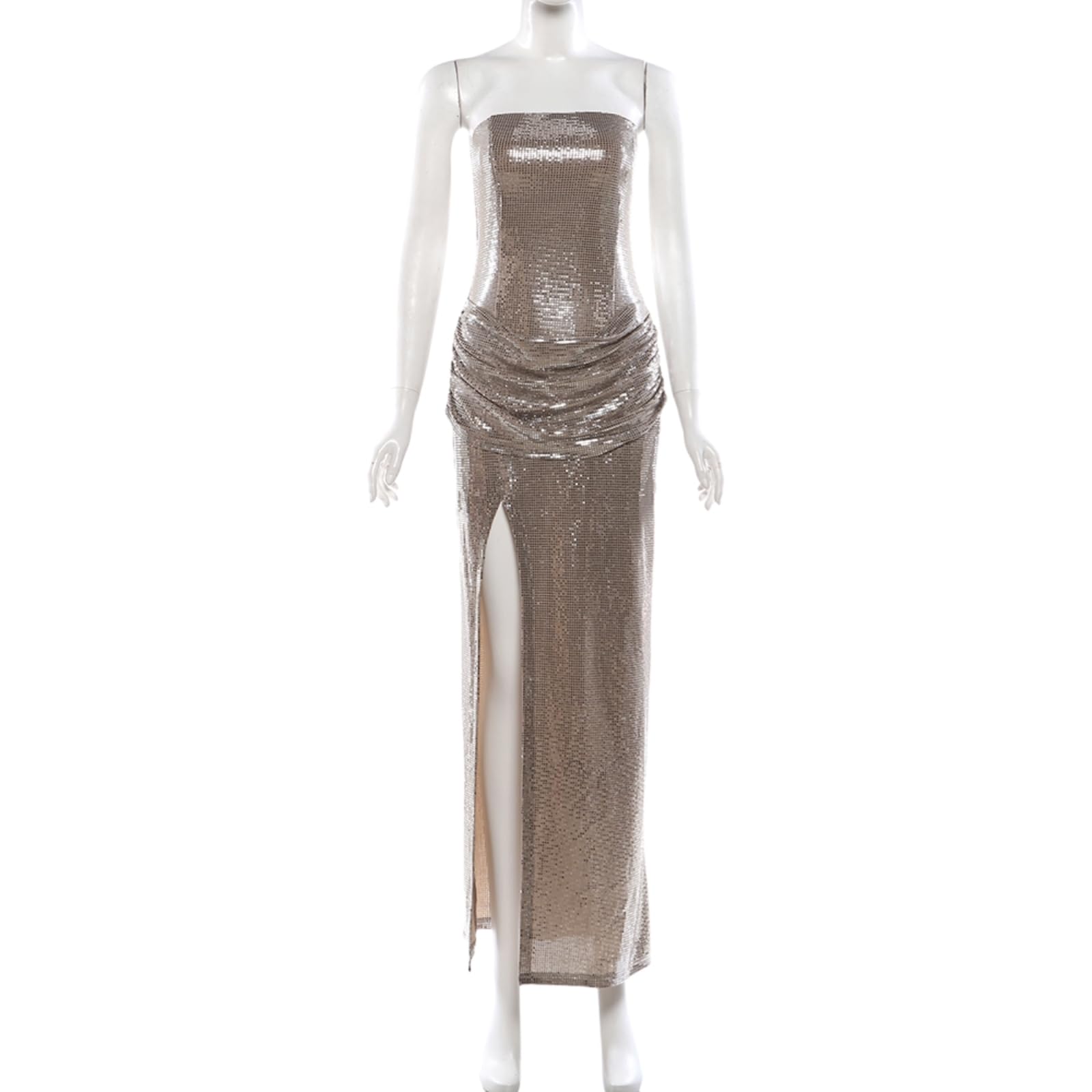 Vestito Abito da Festa A Paillette Senza Cinturine Donna - Sera Schienale Maniche con Fessura Alta per Occasioni Speciali-Khaki-m