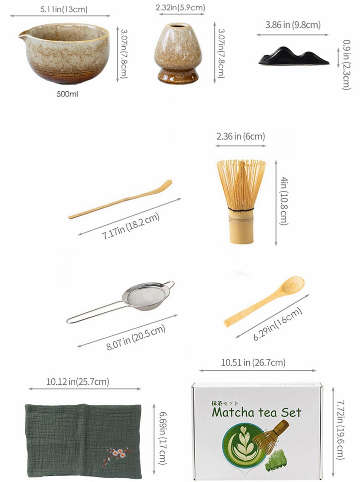 Juego de 8 batidores de matcha con caja de regalo blanca, juego de kit de ceremonia de té tradicional japonés, juego de cuencos rectos de cerámica para cambiar el horno, para amantes del té verde