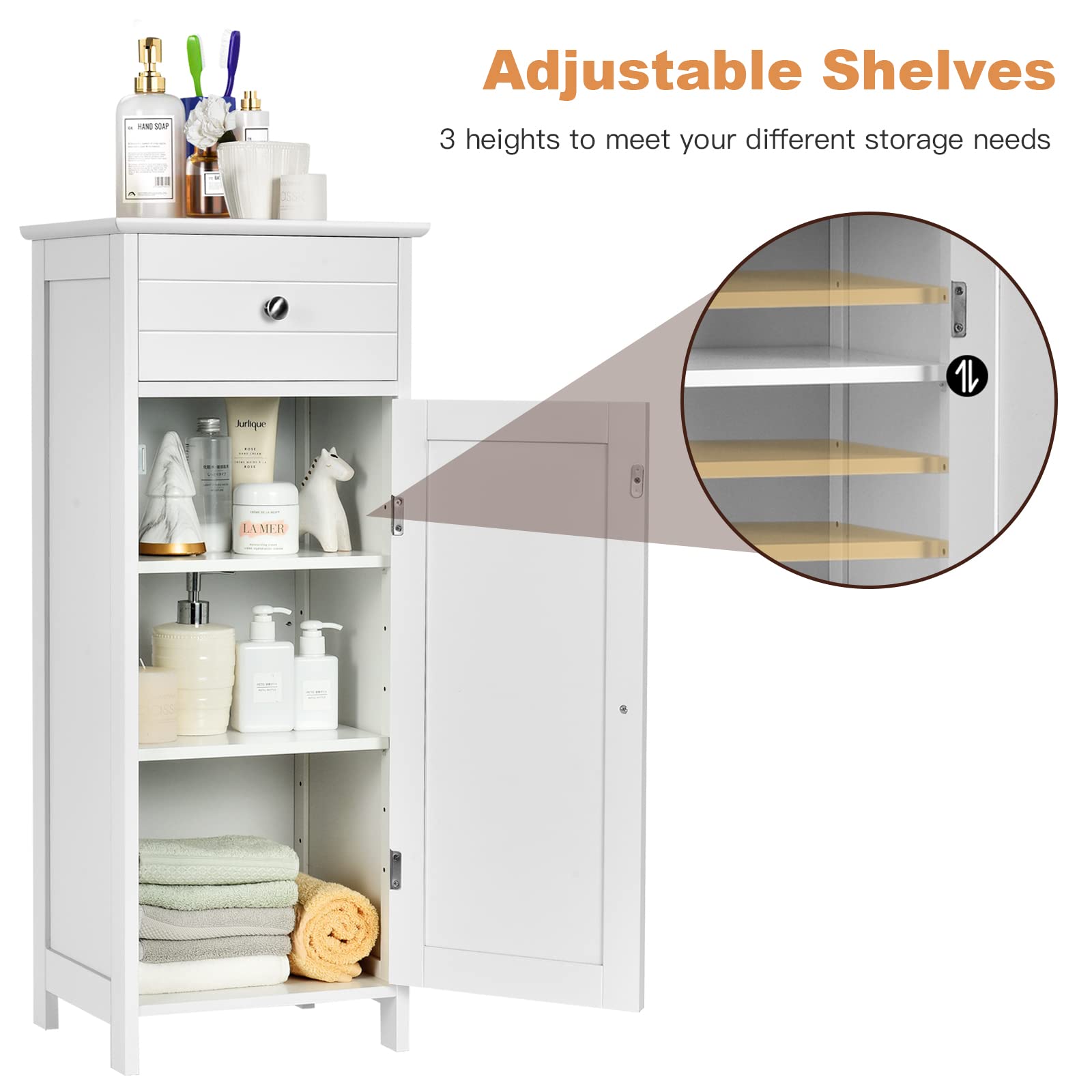 GIANTEX Armadietto Bagno da Terra, Mobiletto a 3 Ripiani con Anta, Cassetto, Manico, Spazio Interno Flessibile, Compatto e Salvaspazio, 35,5x30,5x88 cm, Bianco/Marrone/Grigio/Nero