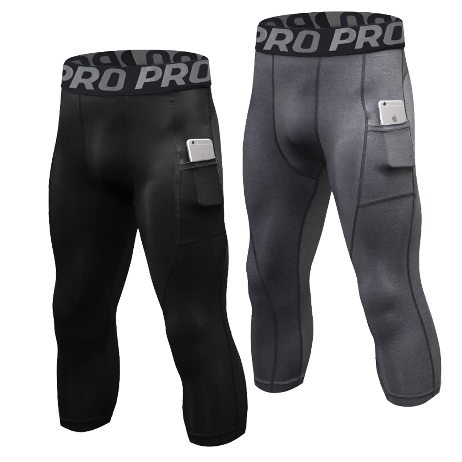 Leggings de Compression 3/4 pour Homme avec Poche Séchage Rapide Leggings de Sport Pantalon de Base Layer Collant pour Basketball Fitness Jogging