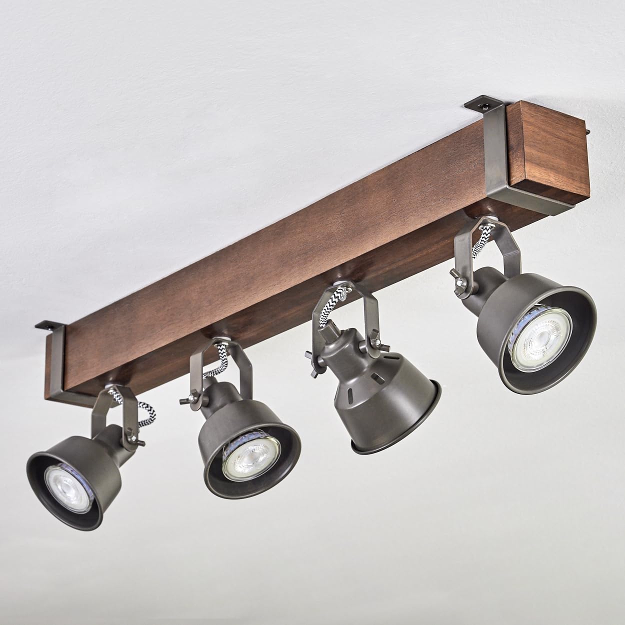 HOFSTEIN Deckenleuchte Pehefito, 4-flammige Deckenlampe aus Metall/Holz in Grau/Dunkelbraun, verstellbare Leuchte im Industrial/Retro/Vintage-Design mit Holzbalken, GU10, Esszimmer, Wohnzimmer, Küche