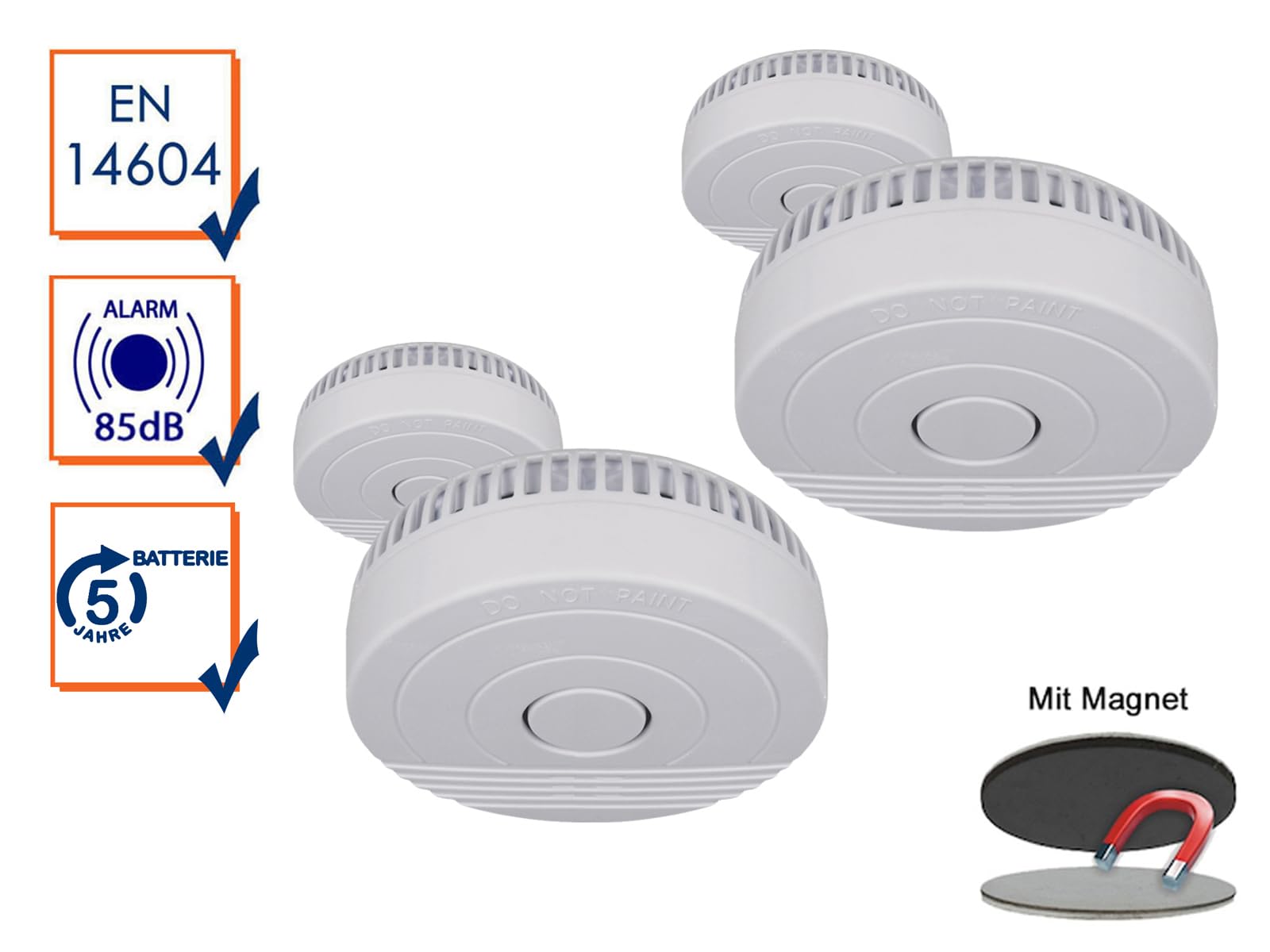 Pack de 4 detectores de humo con adhesivo magnético, batería de 5 años, DIN EN14604, color blanco