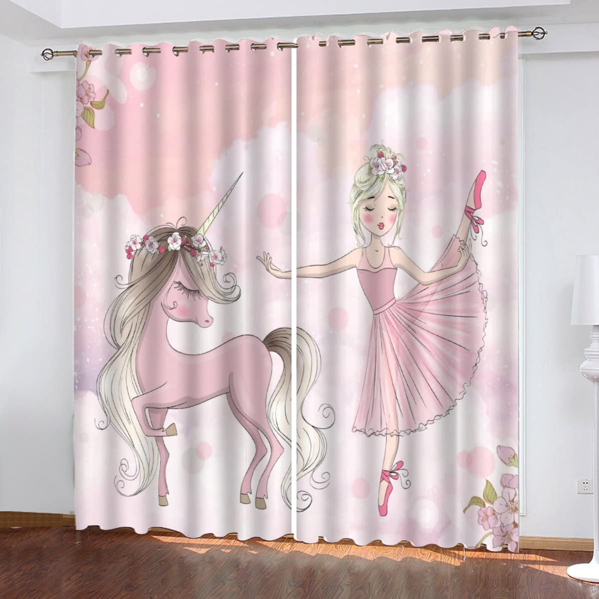 Vorhang Blickdicht mit Ösen 3D Mädchen und Pferd Verdunkelungsvorhang Wohnzimmer 2er Set, rosa Prinzessin schlossPolyester Schallschutz Gardinen für Kinderzimmer Dekoration 280x250 cm