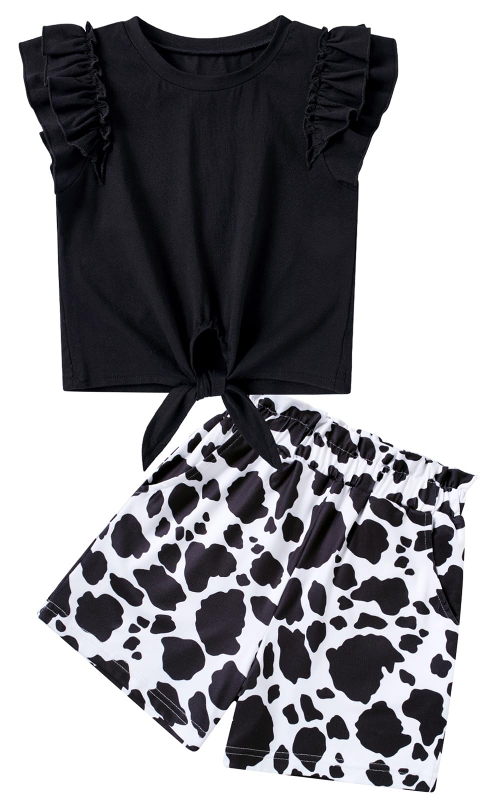Kids4ever Girls 2Pcs Outfits For 5-12Y Ruffle Short Sleeve Tie Knot Front Top And Shorts Set For Kids