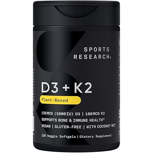 Sports Research Vitamin D3 with K2 Softgels - Plant Based K2 & Vegan D3 5000iu with Coconut MCT Oil - Vegan Certified, Soy & Gluten Free - 120 Count