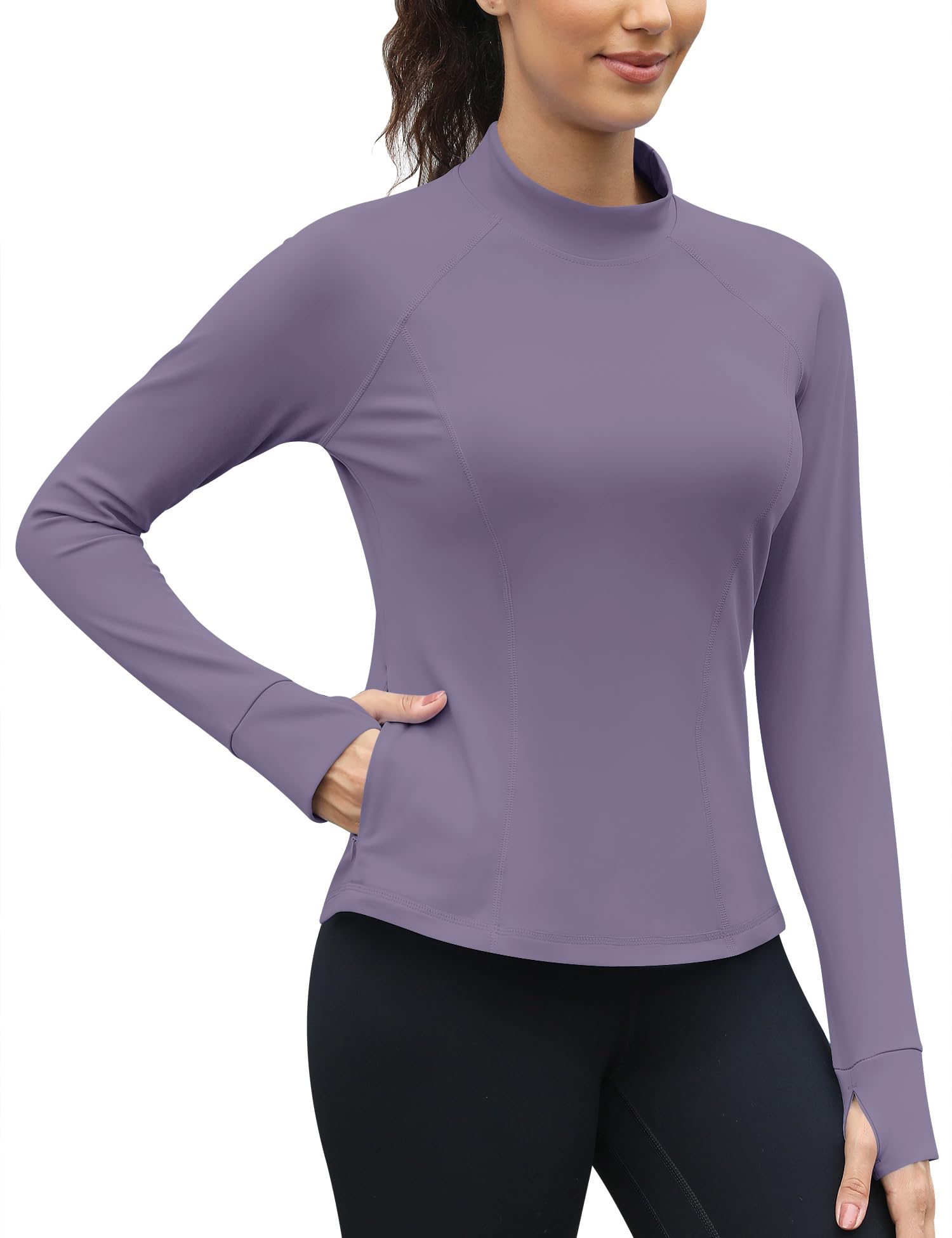 Thermo Shirt Damen Langarm mit Zwei Tasche Fleece Langarmshirt Mockneck Sport Atmungsaktiv Funktionsshirt Long Laufshirt