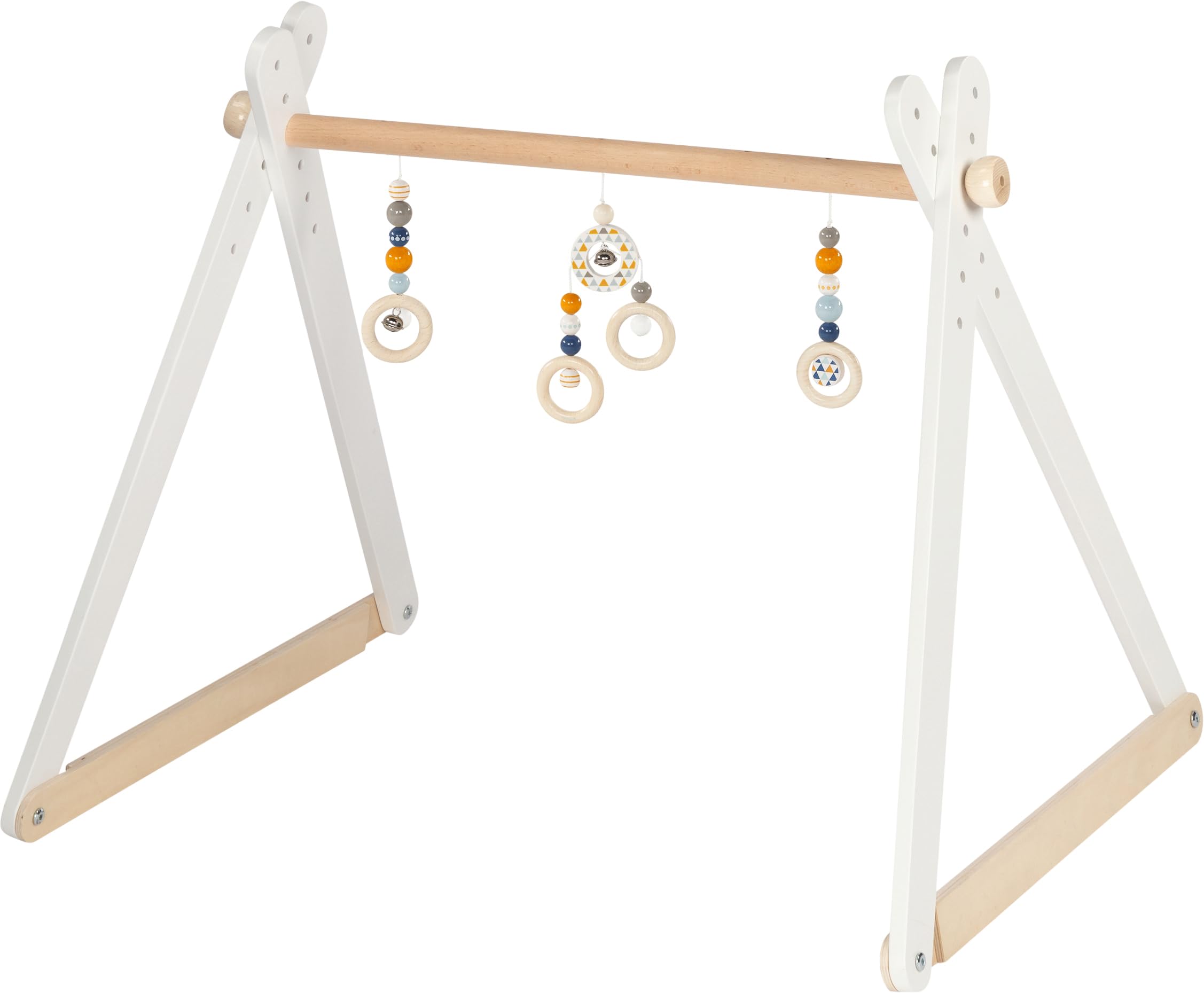Heimess 765380 - Baby-Fit Greif- und Spieltrainer aus Holz, Trendserie mit Ringen und Klingel, Spielbogen in goki Qualität Made in Germany, 6 Fach höhenverstellbar, 61 x 55 x 57 cm