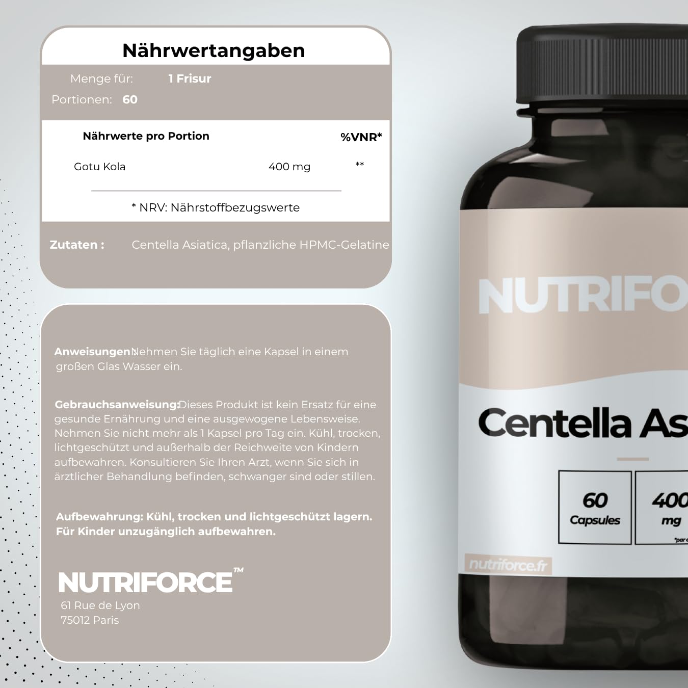 Centella Asiatica 400mg – Gelenke, Haut & Stress – Stärkste Kollagensynthese & GABA-Aktivierung – 100% Vegan – 60 Tage – Frankreich