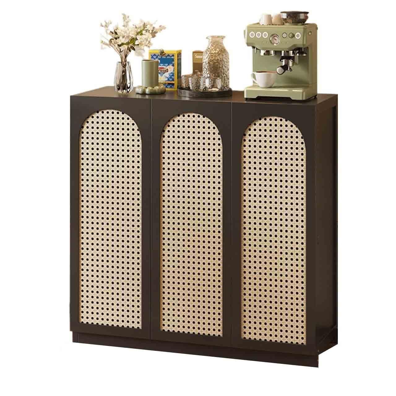 Mueble aparador Aparador de Cocina Retro for salón, almacenaje, ratán, Tres Puertas, Blanco/Negro Mesa de Centro Consola(Negro)