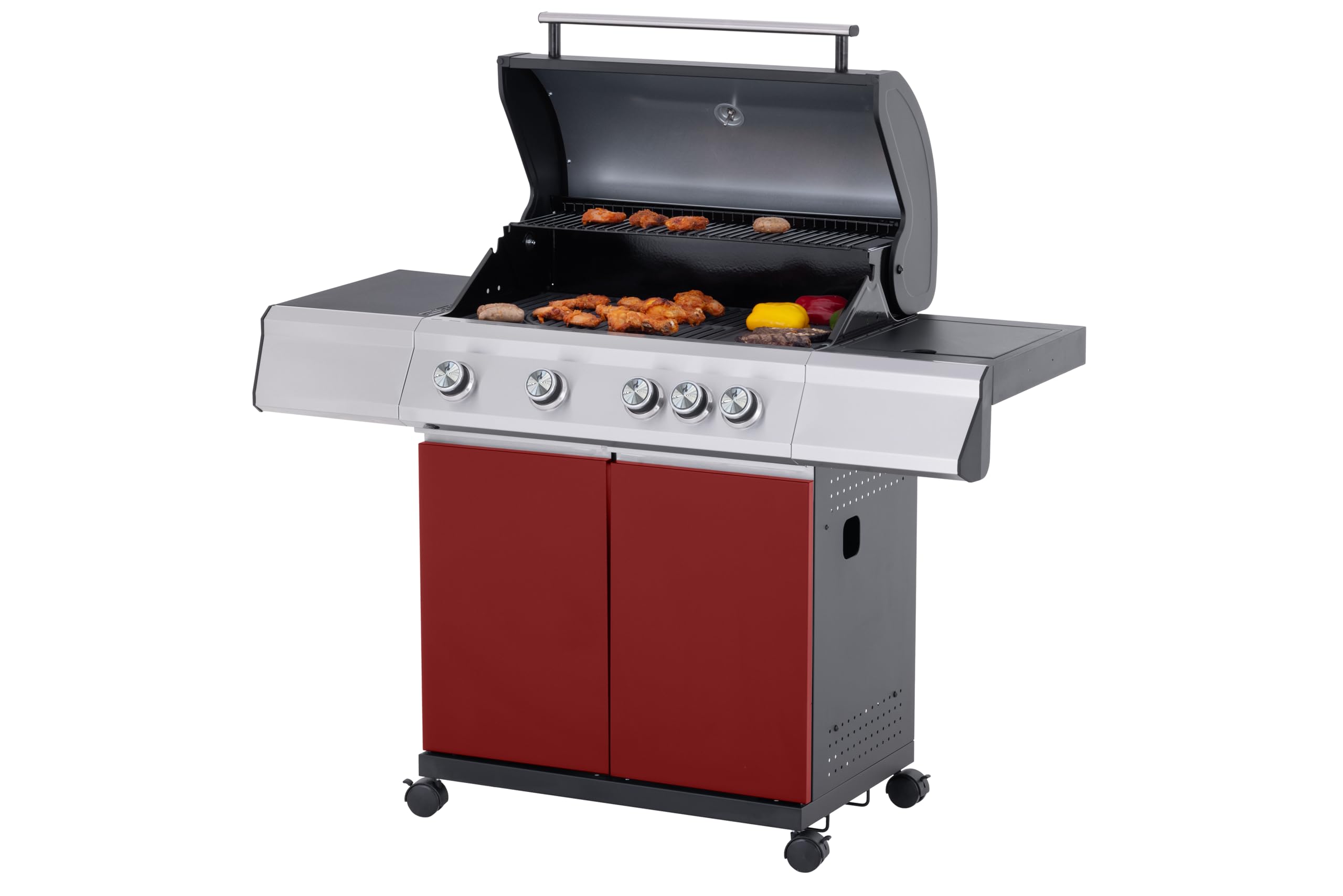 Tarrington House Barbecue a Gas Paxton, Acciaio/Acciaio Inox, 4 Bruciatori + 1 Fornello, Tavolino Laterale, Termometro, 4 Ruote, Rosso