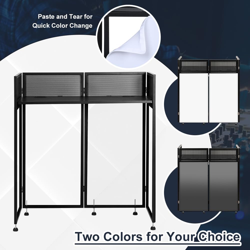 Kokorona Cabine DJ portable 108 x 51 x 115 cm, cabine DJ avec scrims noirs et blancs, cabine DJ pliable réglable pour fête, station de table DJ avec trou de câble, cadre en métal noir + sac de