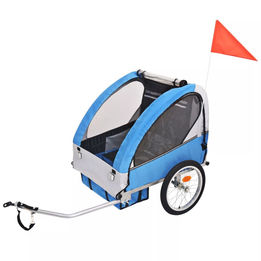 mewmewcat Remorque de Vélo pour Enfants Capacité 30 kg pour 2 Enfants 137 x 77 x 87 cm Gris et Bleu Foncé avec Le Fanion de sécurité