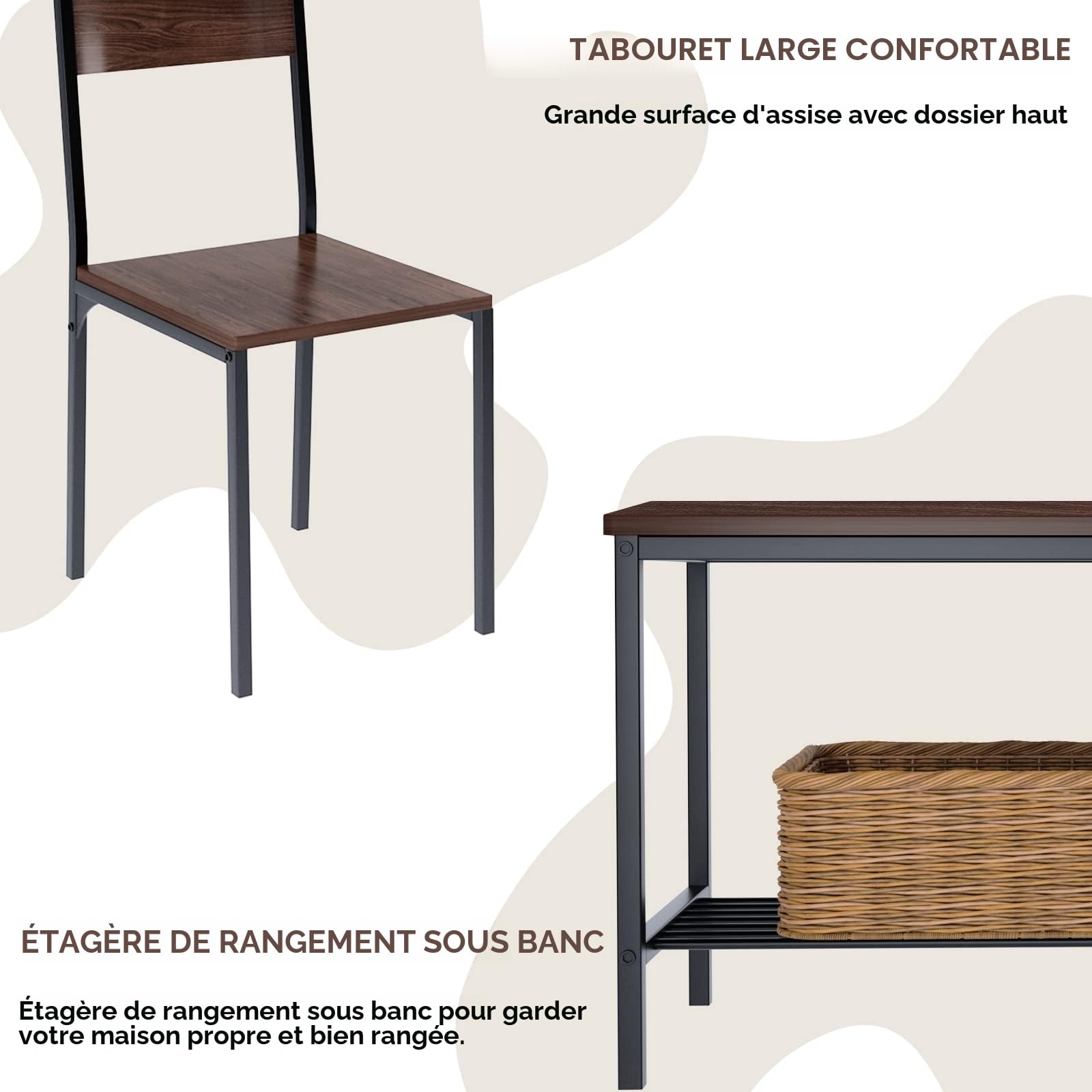 SogesHome Ensemble de Salle à Manger 4 Pièces - Table avec 2 Chaises et Banc avec Étagère - Meubles en Bois et Métal pour Cuisine et Salle à Manger - Table 110 x 70 cm