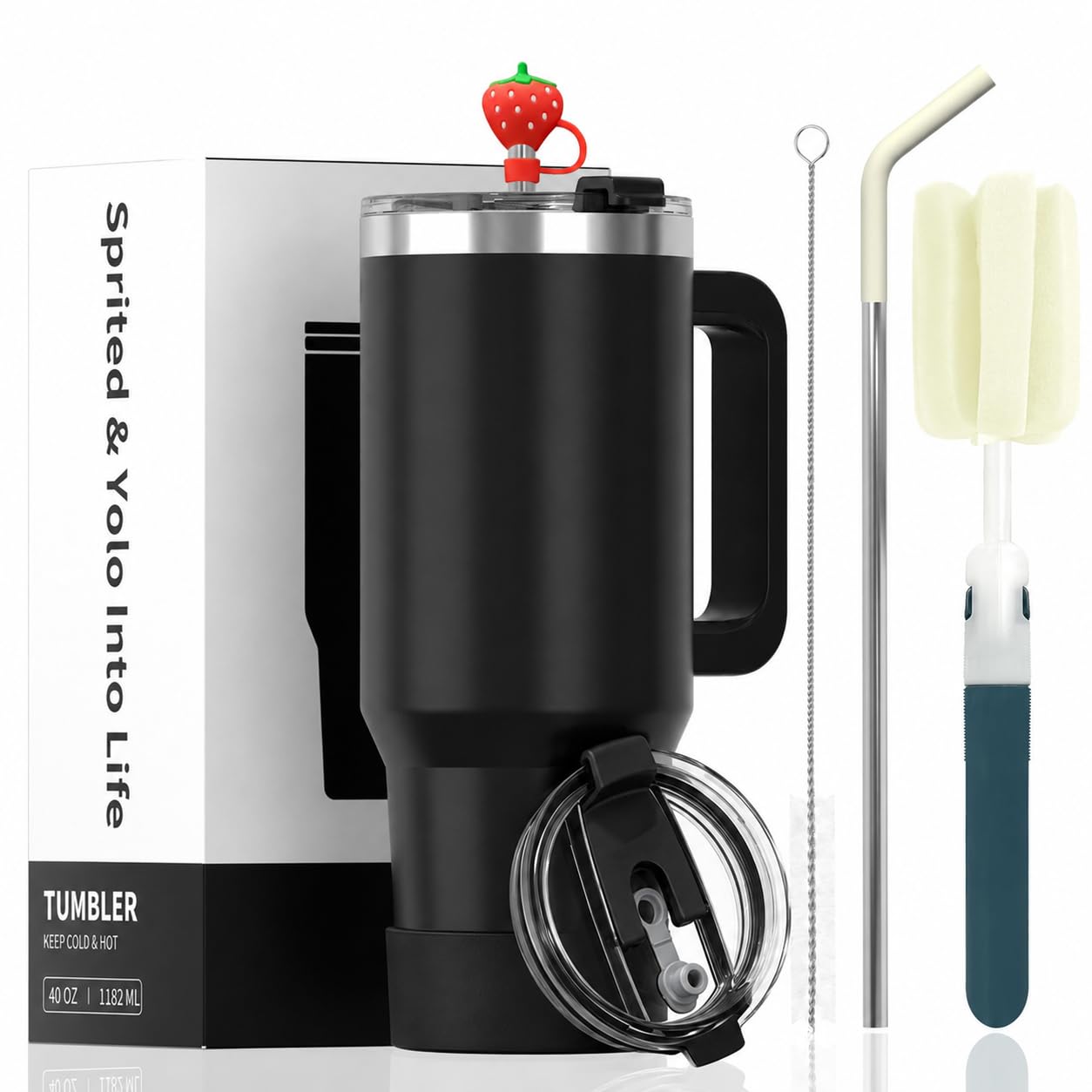 Watersy - Tazza termica con manico e cannuccia, a doppia parete in acciaio inox, mantiene il freddo per 34 ore, per tè, bevande fredde e caffè (tinta unita, nero)