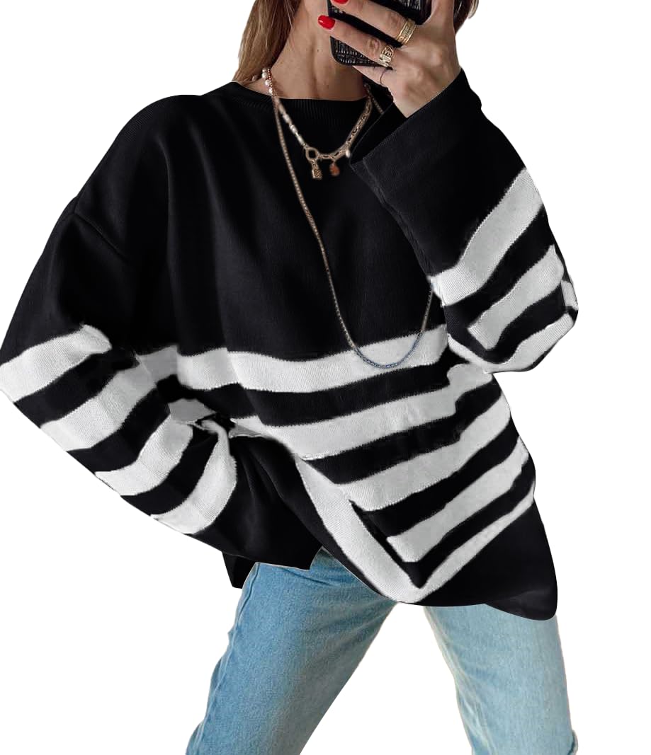 Women's 2023 Fall Trendy Striped Long Sleeve Crewneck Comfy Loose Oversized Knitted Pullover Sweater Jumper Top