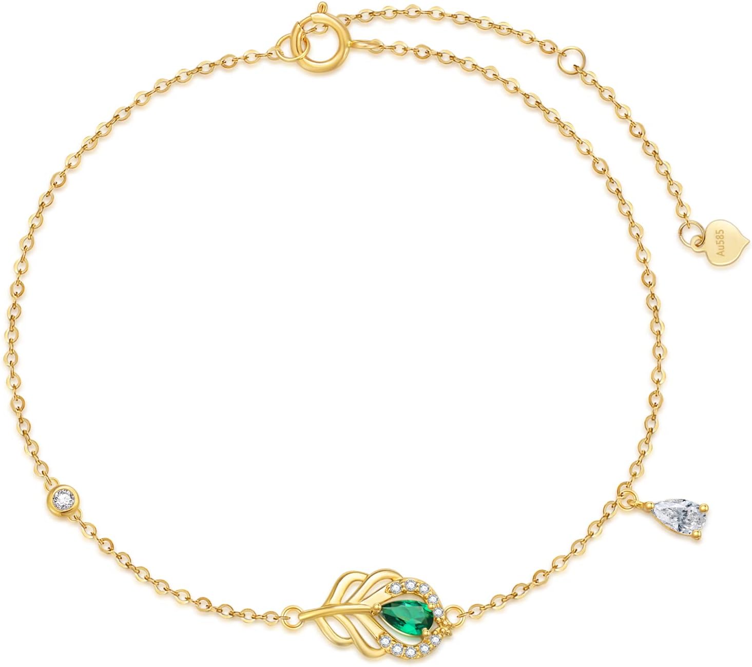 SISGEM Real 10k Gold Peacock Feather Anklet for Women, 10 Karat Gold Ankle Bracelet Foot Jewelry Gifts for Her, 9.4-11 Inches