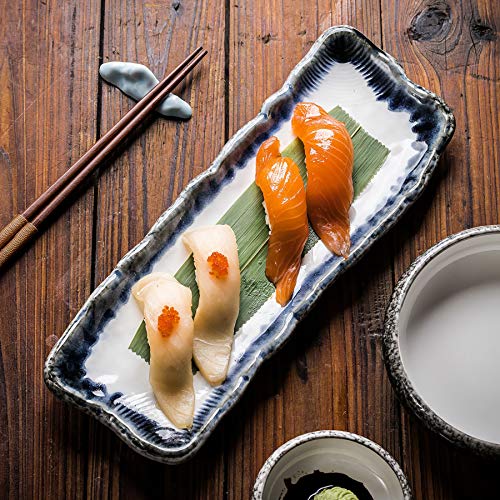 Uaral Japanese Sushi Plates Stoneware Sushi Plate Set Sushi Dish Set Sashimi Plates Rectangular Plate 12.5Inch Set Of 4(Blue And White) #TOP1