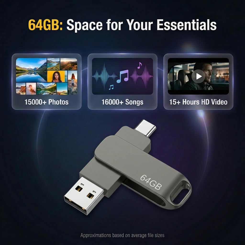 64GB USB Memory Stick 3.2 Type-C Dual Flash Drive for PC, Tablet, Mac, MacBook, Flash Drive Smart Phone High-Speed Memory Stick for Store Songs Photos Video USB to Store Phone Video Files, Black — view 6
