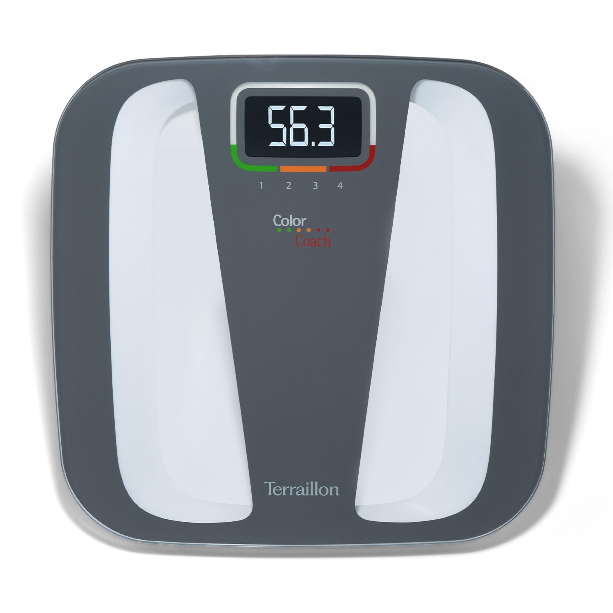 TERRAILLON - COLOR COACH QUATTRO - Pèse personne électronique, Affichage couleur variation de poids, 4 Mémoires utilisateurs, Ecran LCD rétro-éclairé, Capacité 160 kg, Graduation 100g, Gris/Blanc