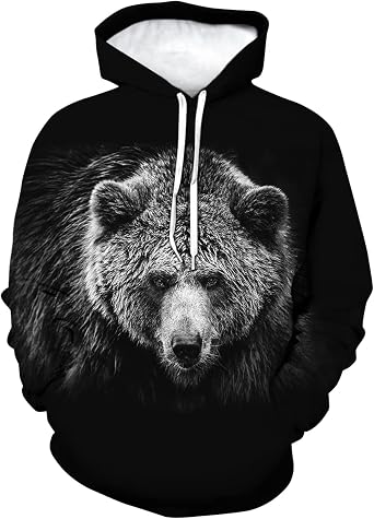 Novelty Bear Graphic Hoodie Cool Animal Print Hoodies Sweatshirt Pullover for Men Women